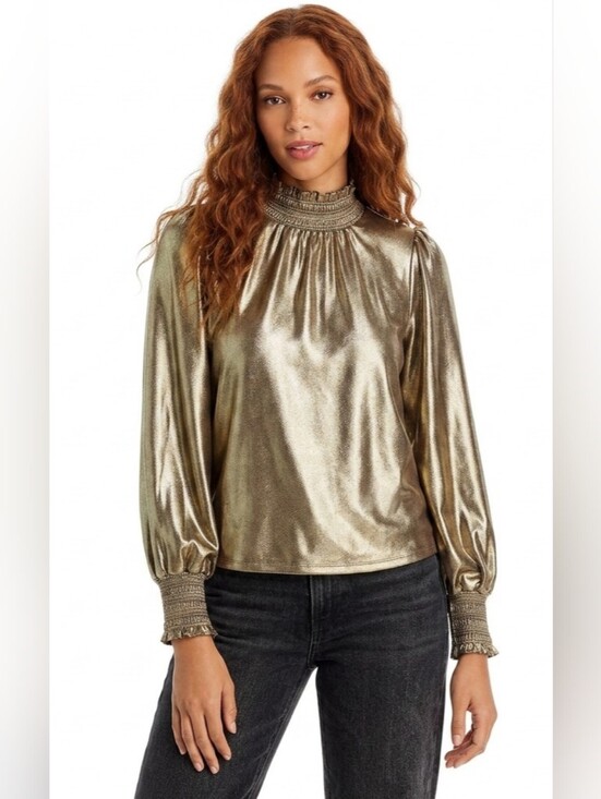 Karl Lagerfeld Tops - Karl Lagerfeld Paris Metallic Gold Smocked High-Neck Blouse Size M